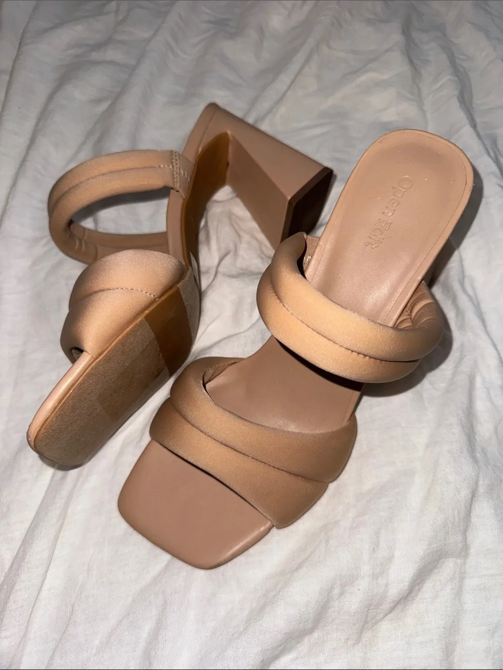 NWOT Open Edit Open Square Toe Nude Strappy Block Heels Size 10